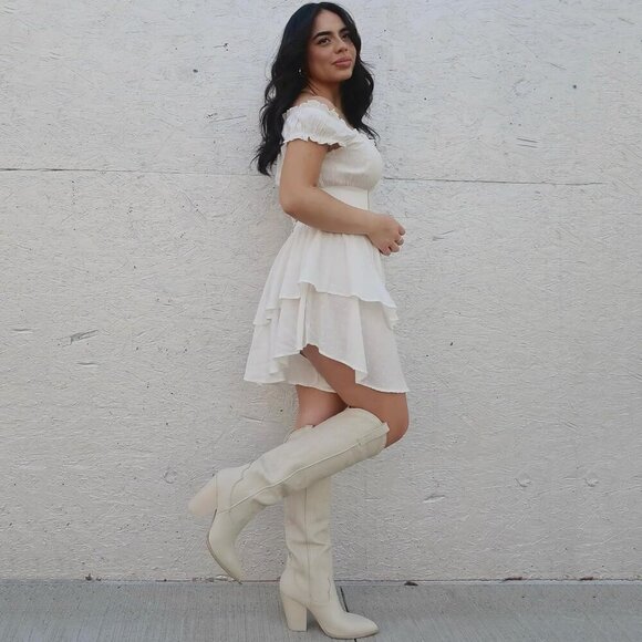 🆕Women White Knee High Pointed Toe Chunky High Heels Pull-on Embroidered Boots - Picture 6 of 7